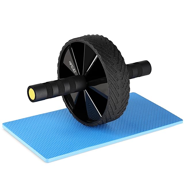 4FIZJO black treaded ab wheel, foam grips capped in yellow, standing on a blue knee mat