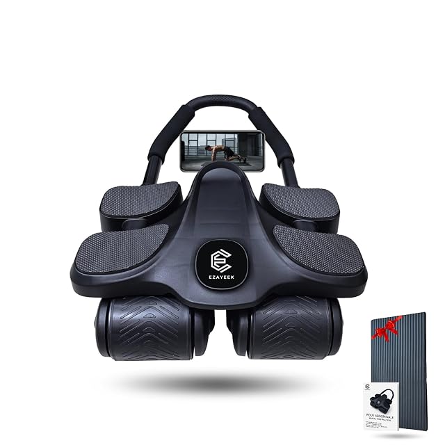Ezayeek four-wheeled ab trainer with four elbow pads, a bar handle, a phone clip and a mat in its box
