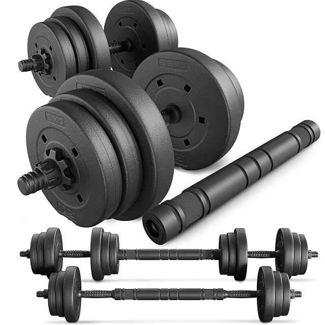 TREX SPORT adjustable dumbbell set with two 44 cm bars, a padded connecting tube and plastic plates