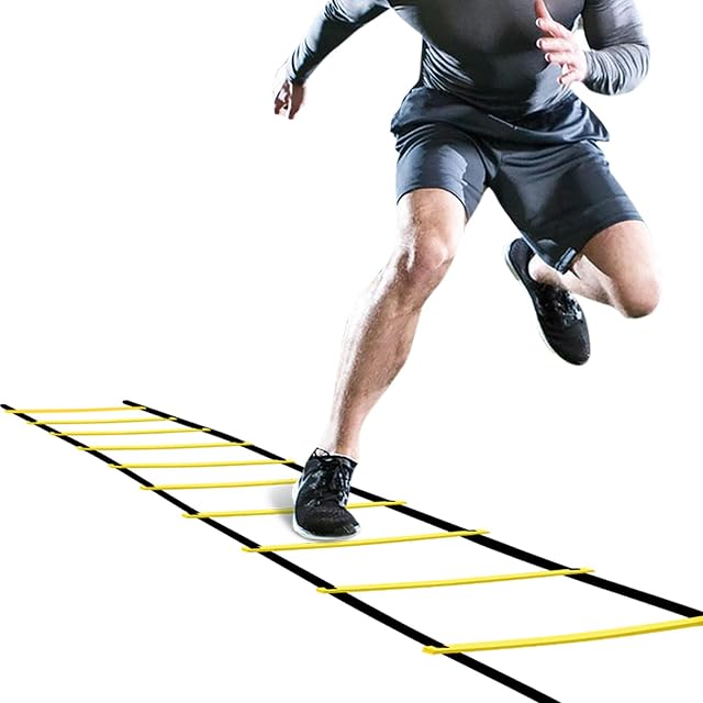GHB ladder flat on white with a runner mid-stride above it, yellow rungs threaded on black webbing