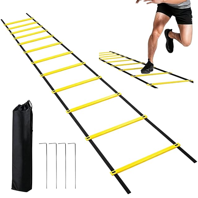GWBPES yellow agility ladder, nine metres long, with ground anchors