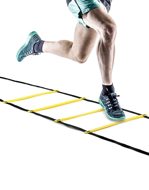 QWORK ladder flat on white, yellow rungs on black webbing, a runner stepping between two of them