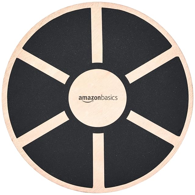 Amazon Basics round wooden balance board, black grip surface cut into six wedges around a bare hub