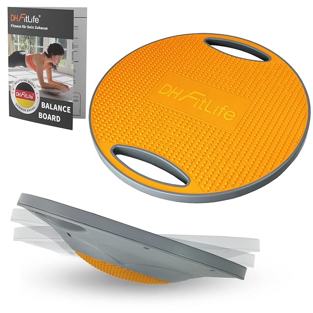 DH FitLife round balance board, orange studded top on a grey rim, two cut-out grips, leaflet alongside
