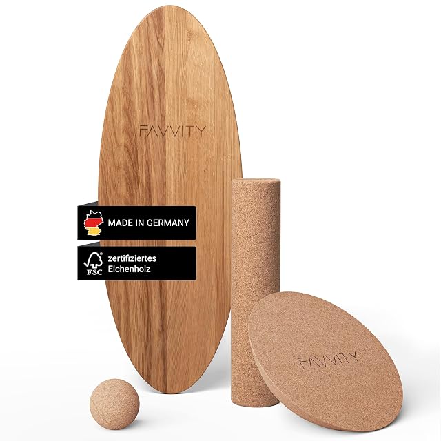 FAVVITY oak board with cork roller, half-dome and ball, labelled Made in Germany and FSC-certified oak