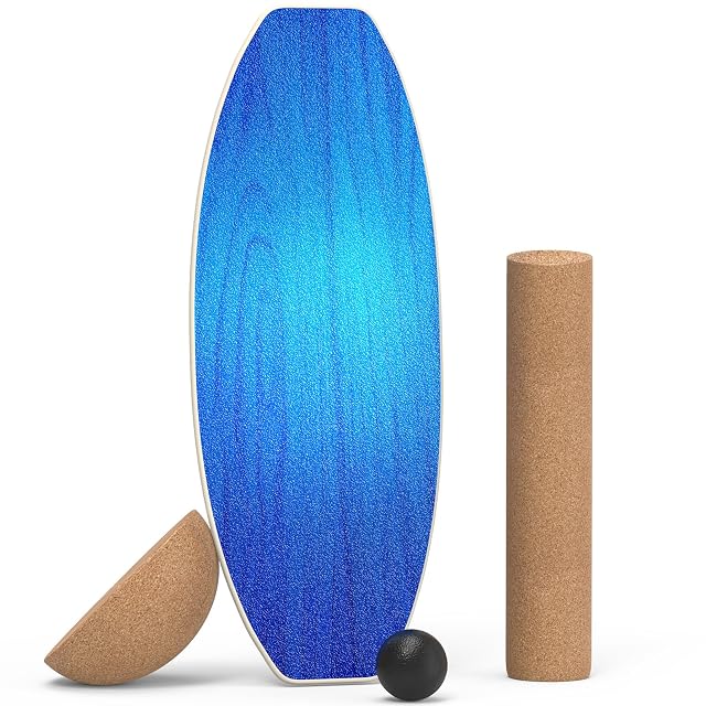 OSTGWOO blue-stained wooden board stood on end, with a cork roller, cork half-dome and black rubber ball