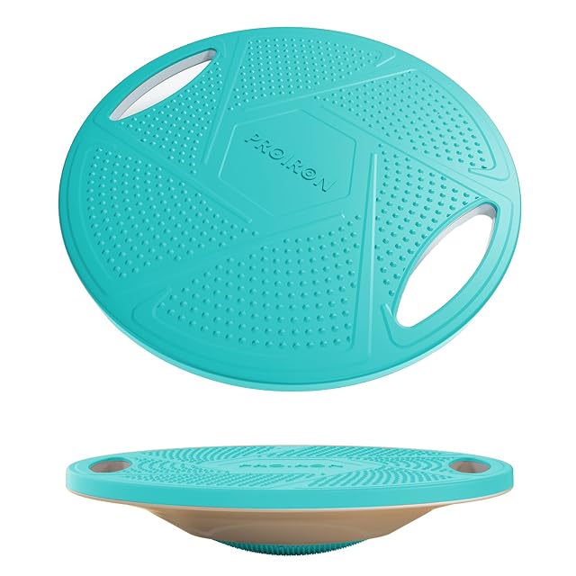 PROIRON turquoise balance board with two cut-out handles and a studded top, shown again in profile below