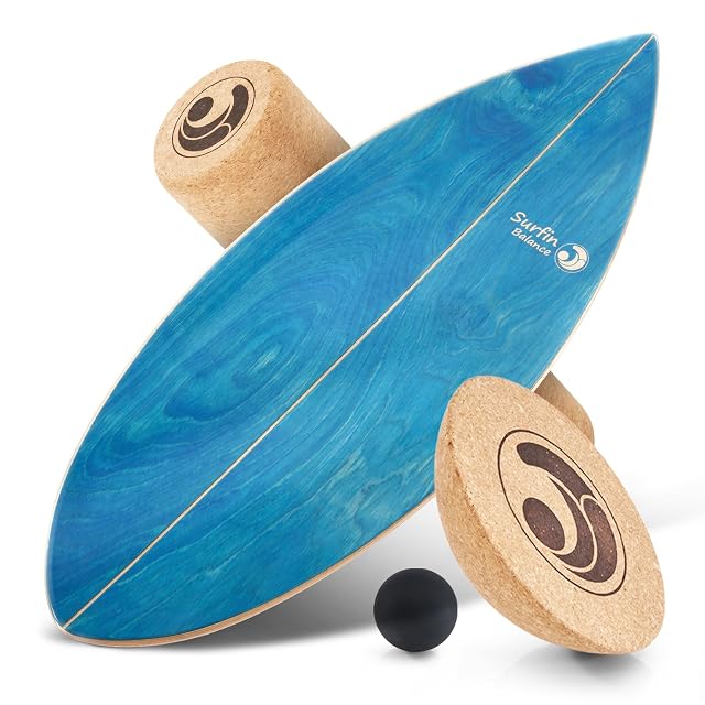 Surfin Balance aquamarine blue wooden balance board with roller, half-dome and ball