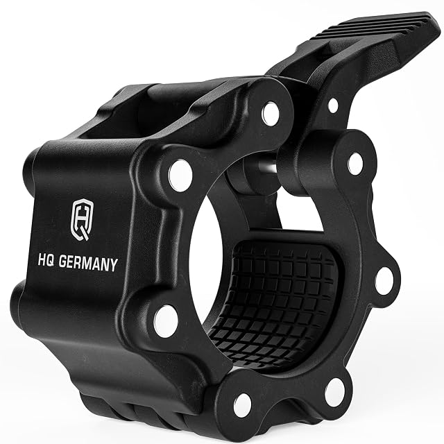 HQ Germany black steel barbell collar, lever open, showing the grid-patterned rubber liner inside the bore