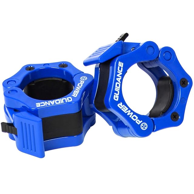 A pair of POWER GUIDANCE collars in gloss blue with the brand raised on the band and a black lever catch