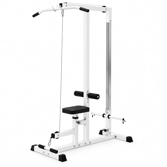 GORILLA SPORTS white lat tower with upper and lower pulleys and adjustable seat