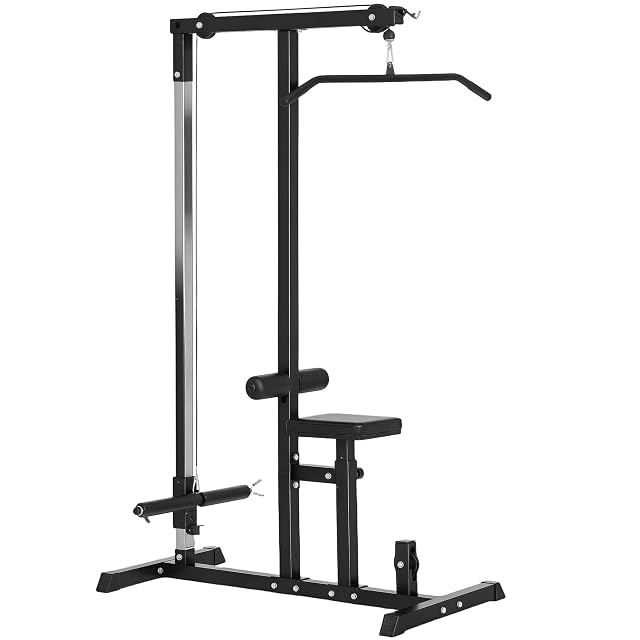 HOMCOM black steel cable station with seat and triceps bar