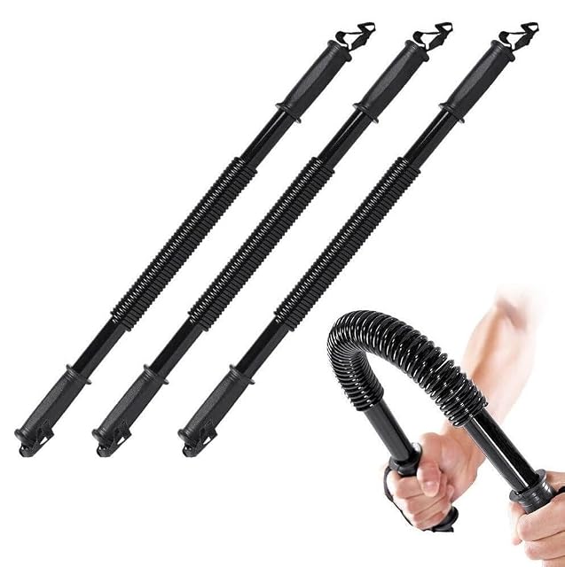 Three black spring twister bars side by side, with an inset of one bent in the hands