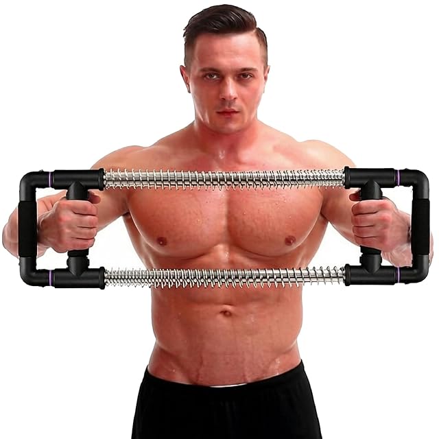 GoFitness Push Down Bar held across the chest, two chromed springs between hinged black grips