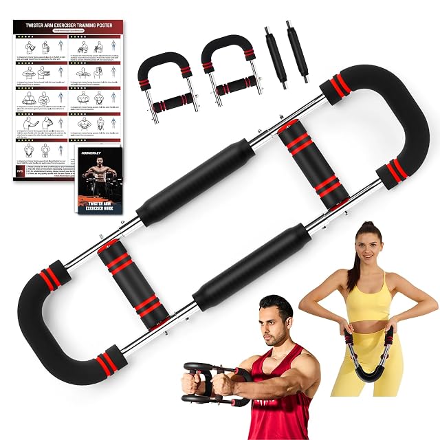 NOONCRAZY twister of two foam-sleeved steel bars with red bands, beside a poster and a printed guide