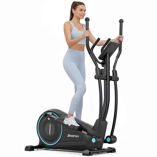 Dripex cross trainer in black with turquoise flywheel ring and knobs, moving and fixed handlebars, LCD above