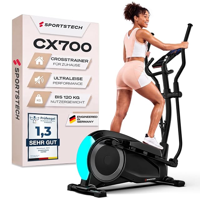 Sportstech CX700 cross trainer with a cyan-lit flywheel housing, beside its box carrying a Prüfengel 1,3 SEHR GUT seal