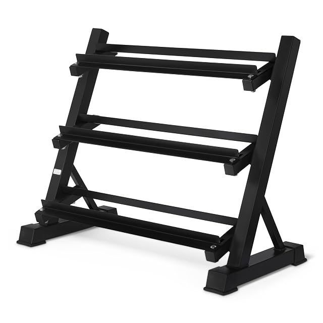 Amazon Basics black three-tier adjustable dumbbell rack