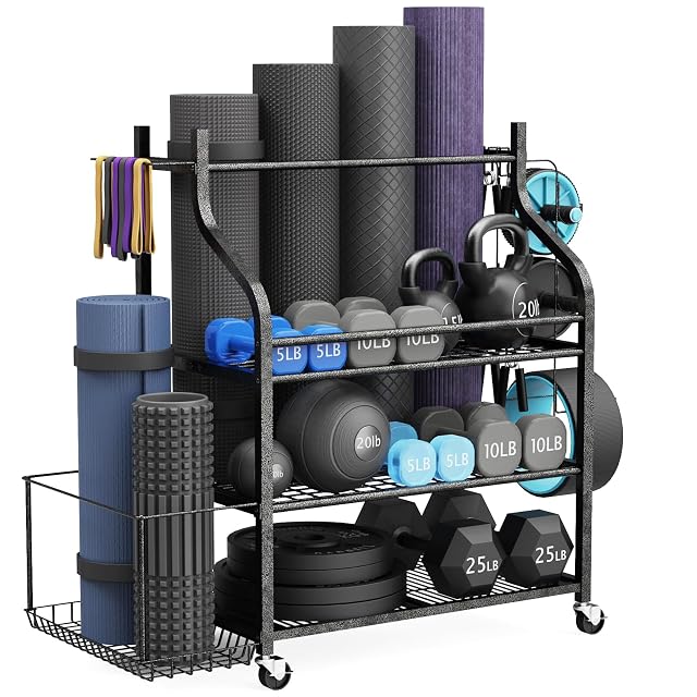 G TALECO GEAR rolling gym cart holding mats, foam rollers, dumbbells, kettlebells and plates, on castors