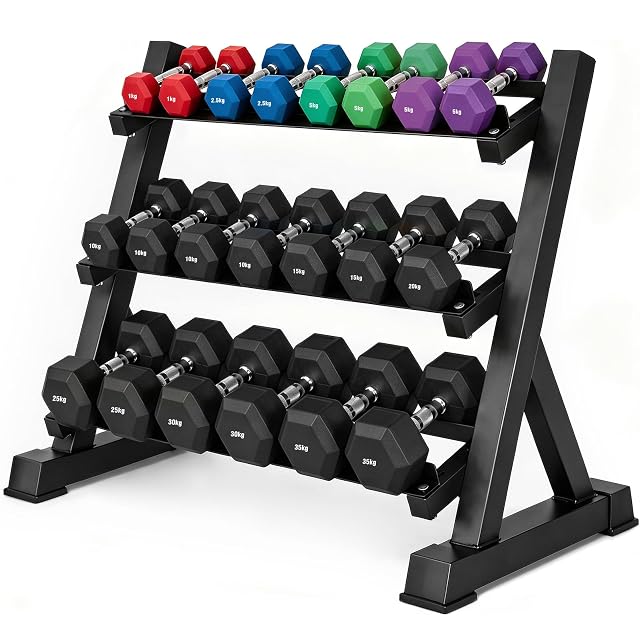 Grefinity three-tier rack loaded with hex dumbbells, coloured 1 to 5 kg on top and 25 to 35 kg at the bottom