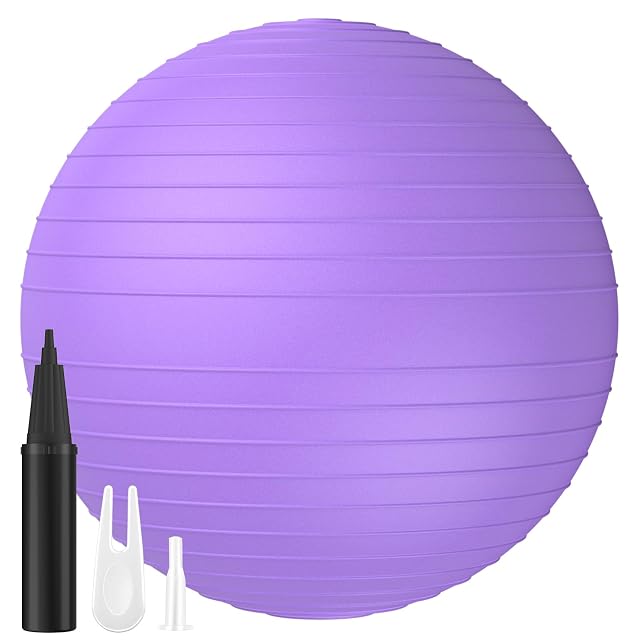 DEPAR lilac yoga ball with horizontal anti-slip ribs, a black stick pump and two nozzles