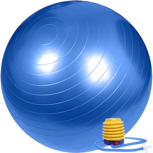 Retoo blue exercise ball ringed with concentric grooves, beside a yellow bellows foot pump