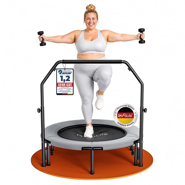 DH FitLife grey rebounder with a U-shaped handlebar carrying a Warentest Online 1,2 placard