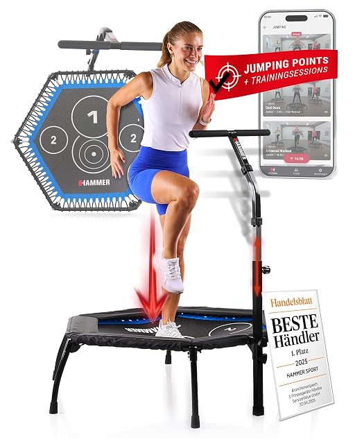 HAMMER Cross Jump trampoline with numbered jumping points shown inset, and a Handelsblatt best-retailer card