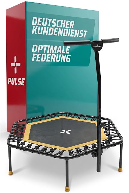 SportPlus hexagonal trampoline, black mat with a yellow border and yellow foot caps, single upright handle