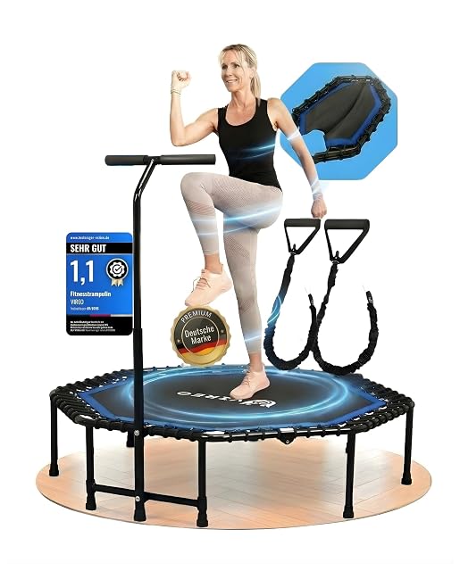 VIREO FLX trampoline with a blue mat edge and T-bar, a testsieger-online 1,1 card and tube handles alongside