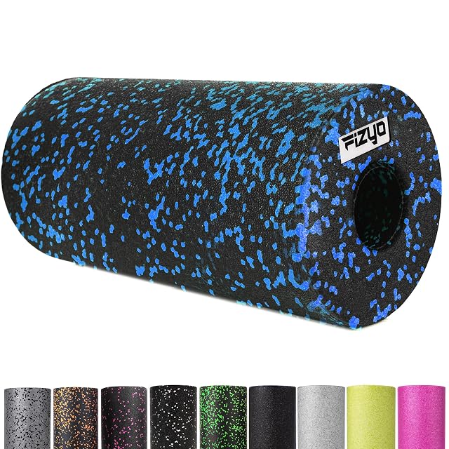 FIZYO roller in black flecked with blue, hollow core at one end, nine other colourways ranged beneath