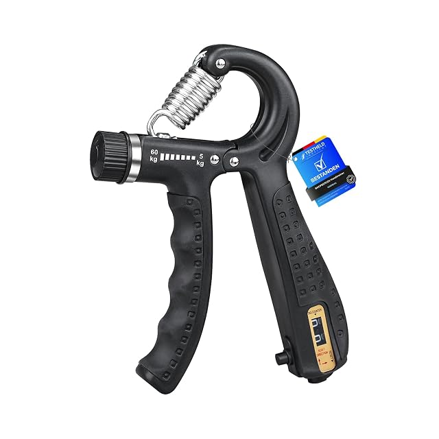 GRIFEMA black gripper with a 5 to 60 kg dial and a counter, a blue Testheld bestanden tag hooked to the handle