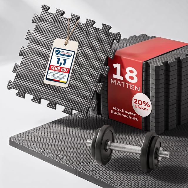 Blumtal basket-weave EVA tiles, a Warentest Online 1,1 tag on one and a red 18 MATTEN box behind