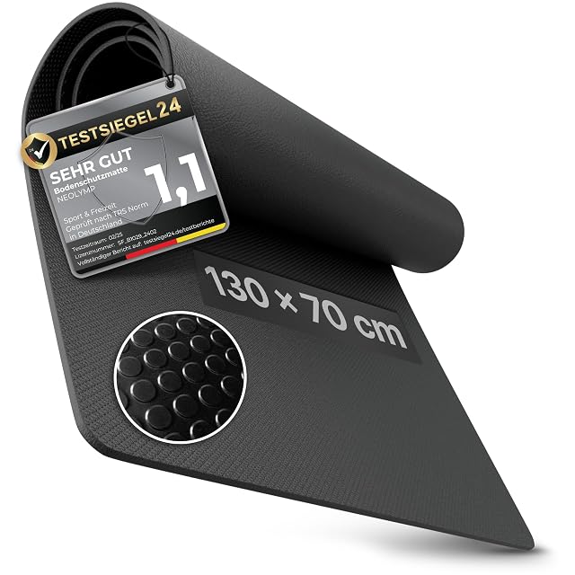 NEOLYMP mat part-rolled, printed 130 × 70 cm, a TESTSIEGEL24 1,1 label clipped on and the nubbed back inset