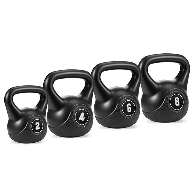 ARATERVIO four black HDPE kettlebells in a row, marked 2, 4, 6 and 8 on white discs