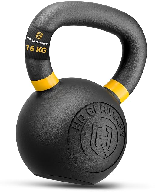 HQ Germany powder-coated cast iron kettlebell, 16 kg, with a colour-coded band
