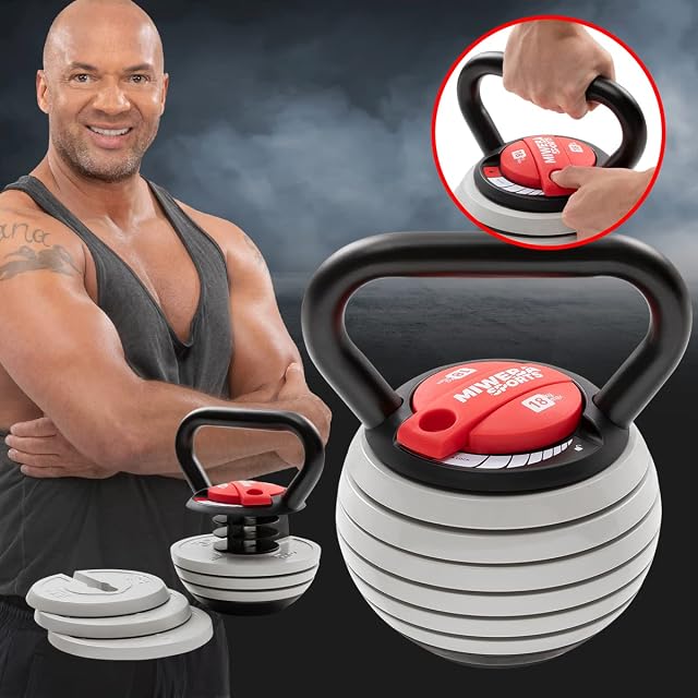 Miweba Sports KB-300 adjustable kettlebell in light grey with a rubber base