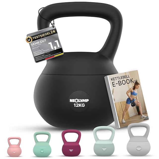 NEOLYMP black soft kettlebell marked 12KG, a TESTSIEGEL24 tag on its handle and five pastel sizes below