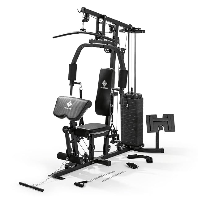 FitEngine multifunction home gym with lat bar, weight stack and leg rollers