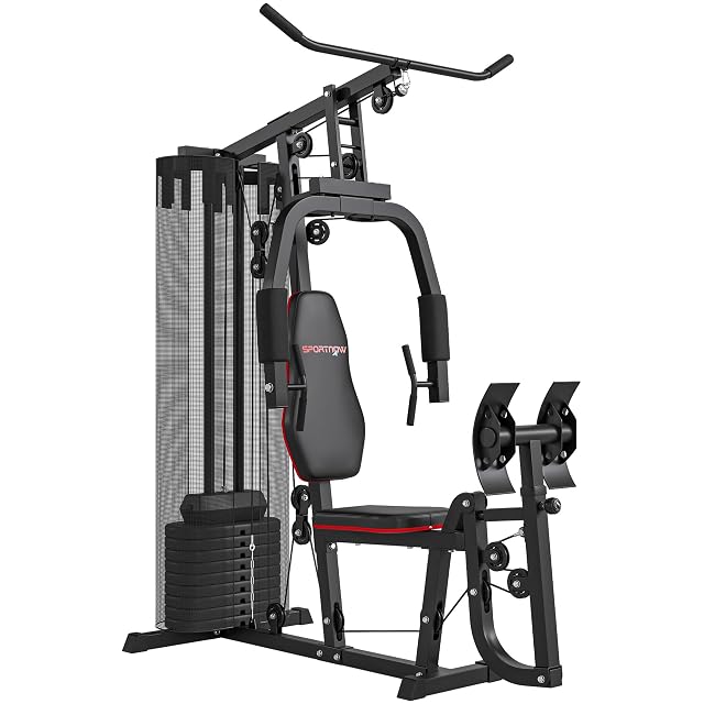SPORTNOW black home gym tower with weight stack, chest station and leg press