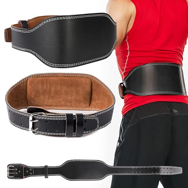 awagas belt in black leather with white stitching over a tan suede lining, double prong buckle, worn at the back