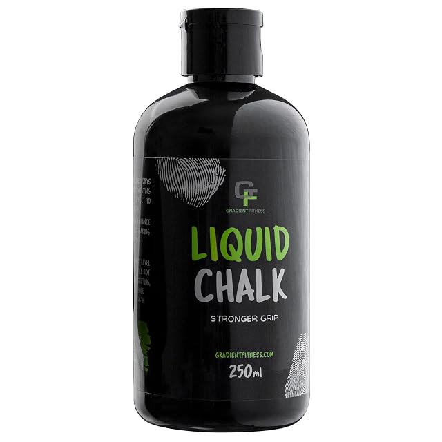 Gradient Fitness black 250 ml bottle, fingerprint motifs behind the label, Liquid Chalk in green and grey