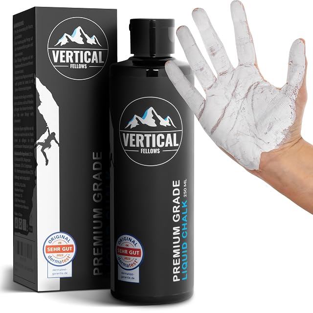 VERTICAL FELLOWS black 250 ml bottle and box, both carrying a DERMATEST SEHR GUT 2023 seal, chalked hand beside