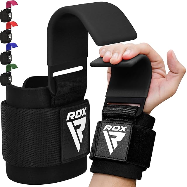 RDX black lifting hooks with rubber-coated steel hooks and padded nylon wrist straps
