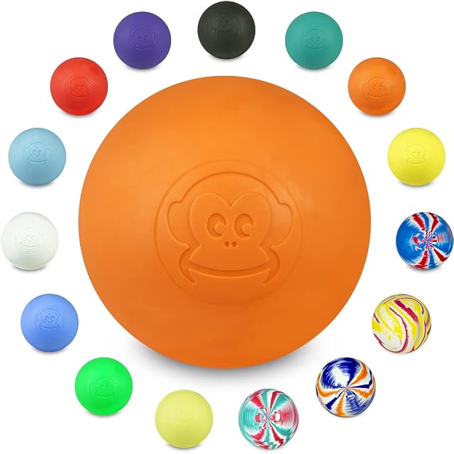 Captain LAX orange lacrosse ball embossed with a monkey face, plain and marbled colourways ringed around it