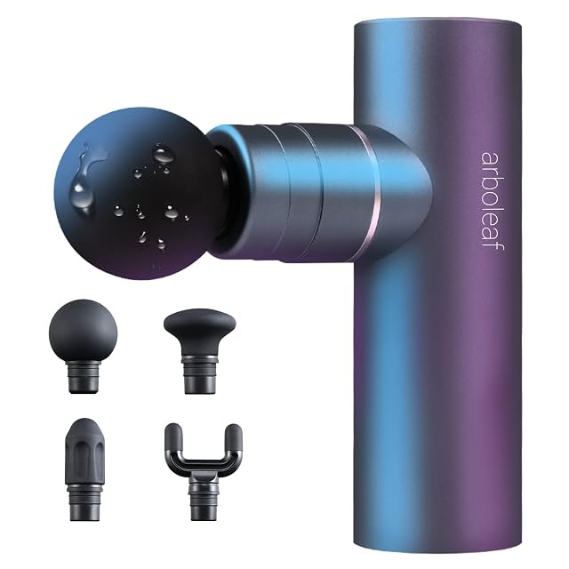 arboleaf CM20C mini massage gun in metal with four silicone heads
