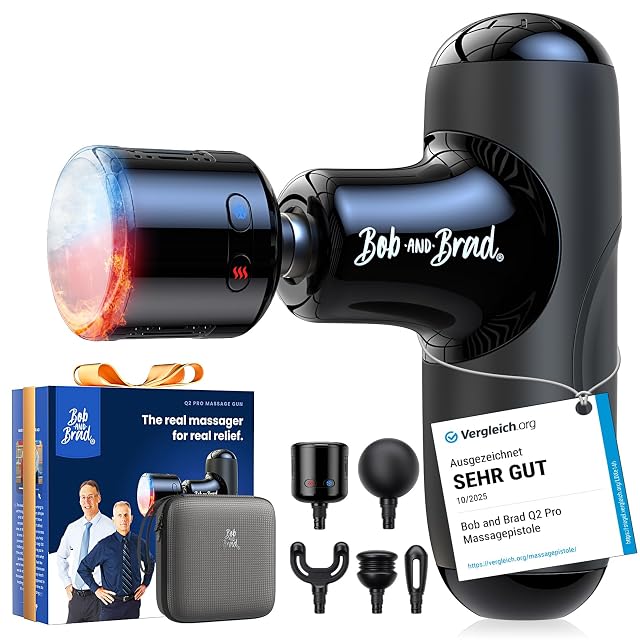 Bob and Brad Q2 Pro in black with a red-and-blue thermal head, grey case, box and a Vergleich.org SEHR GUT card