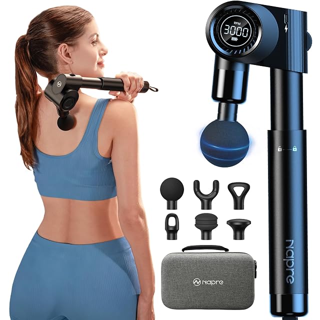 NAPRE NEG-100 folding massage gun with extension handle and adjustable head angles