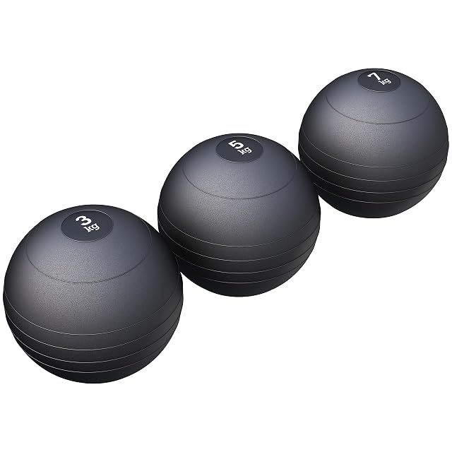 GORILLA SPORTS set of three black rubber slam balls at 3, 5 and 7 kg
