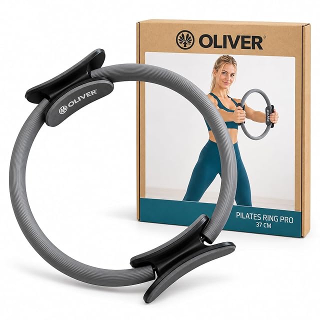 Oliver anthracite pilates ring beside its kraft box printed Pilates Ring Pro 37 CM